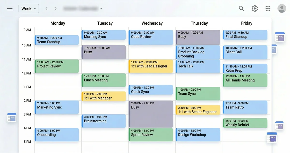 Coworker&rsquo;s calendar view with Busy blocks from synced personal events