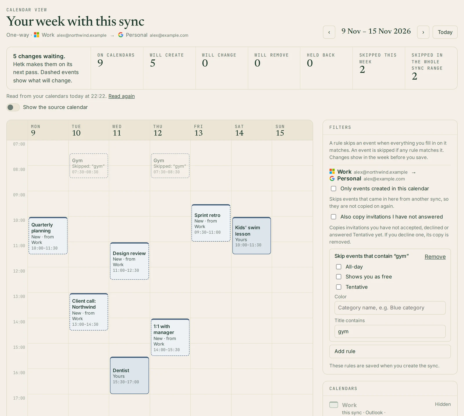 The Filters step of the sync wizard for a sync from a Work Outlook calendar to a Personal Google calendar. A rule skips events with “gym” in the title. The two Gym sessions on Tuesday and Thursday are faded on the week and marked Skipped: “gym”. The work meetings show as new copies, and the summary counts 2 skipped this week.