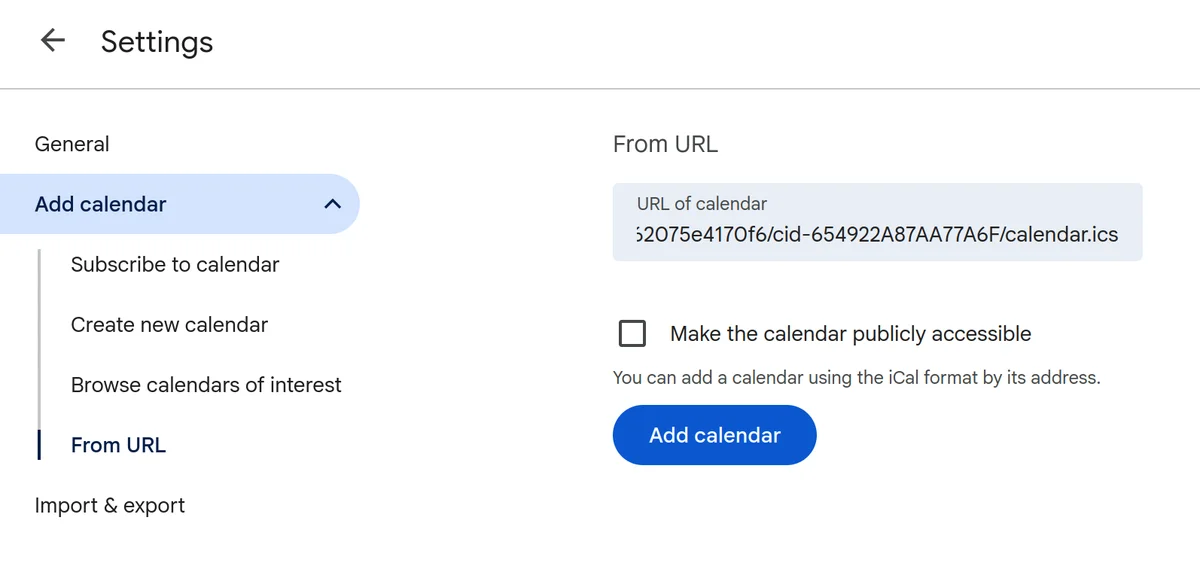 Google Calendar add from URL option