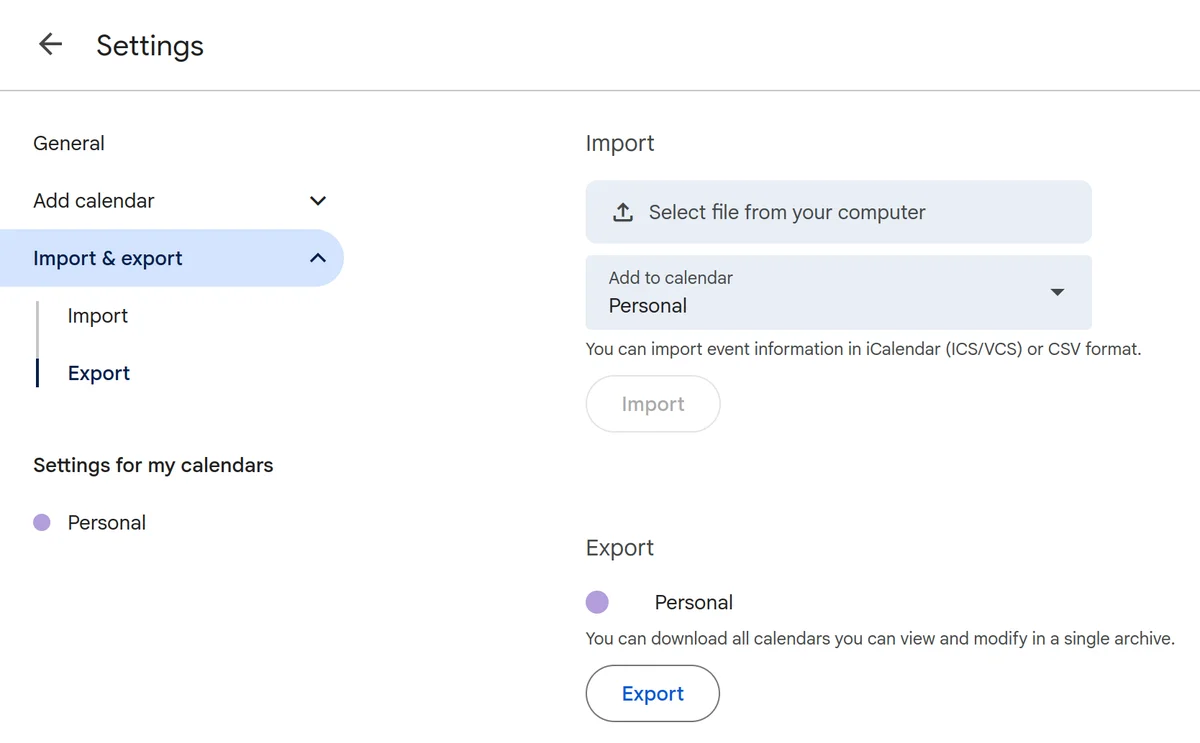 Google Calendar export