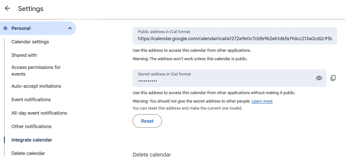 Google Calendar secret iCal address