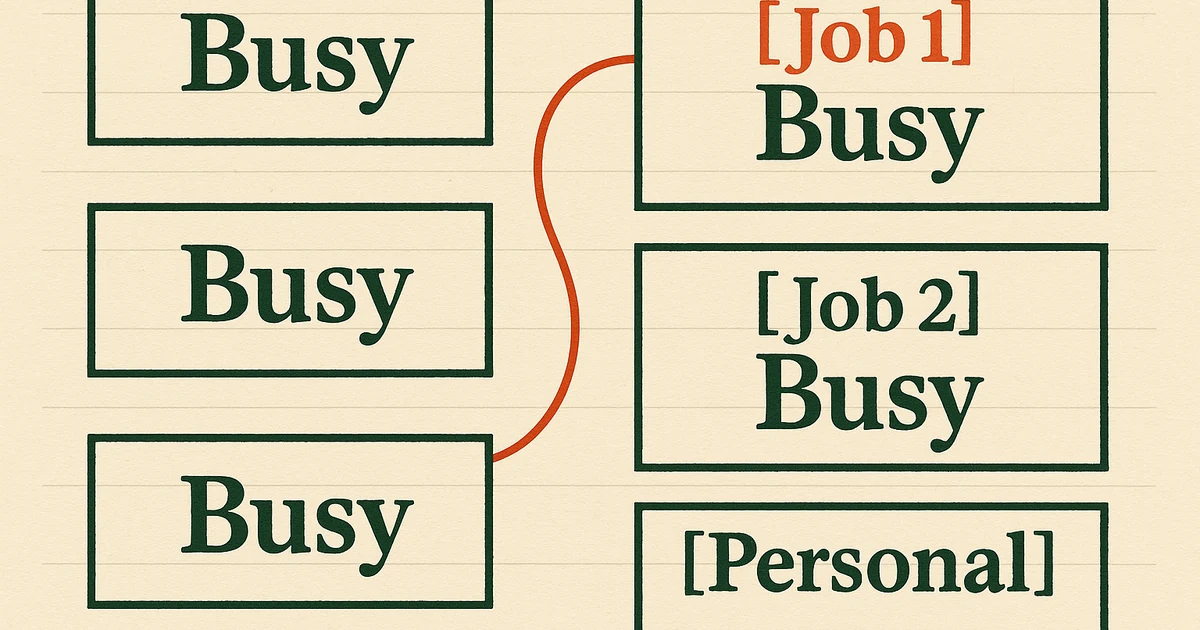 Identical Busy blocks on the left, the same blocks labelled by source like &lsquo;[Job 1] Busy&rsquo; on the right
