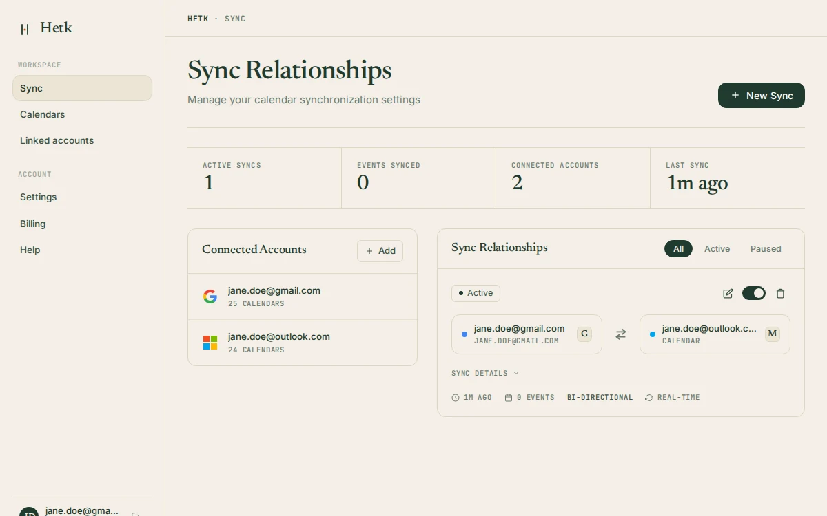 Hetk dashboard showing active sync between Google Calendar and Outlook