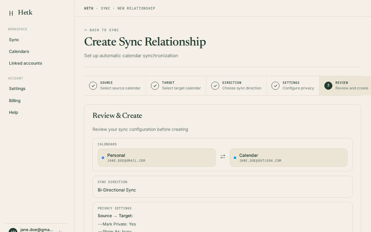 Hetk sync setup — Google to Outlook