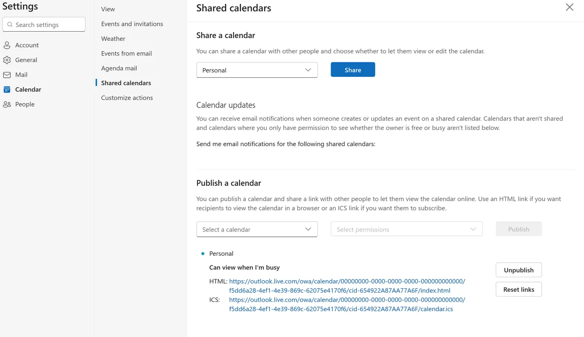Outlook Publish a calendar settings