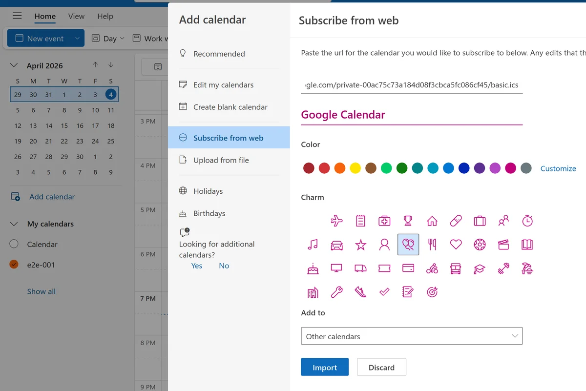 Outlook subscribe from web option